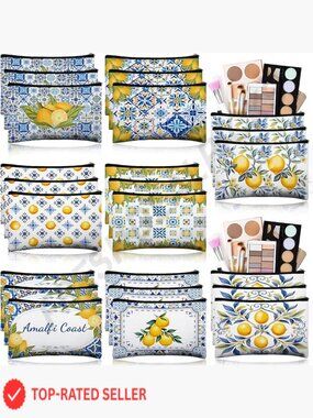 Canvas Zipper Pouches Set of 24 Lemon Print Travel Toiletry Bags Bulk Women Gift